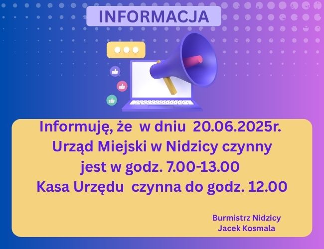 Informacja o zmianie godzin pracy urzędu w dniu 20 czerwca 2025r.