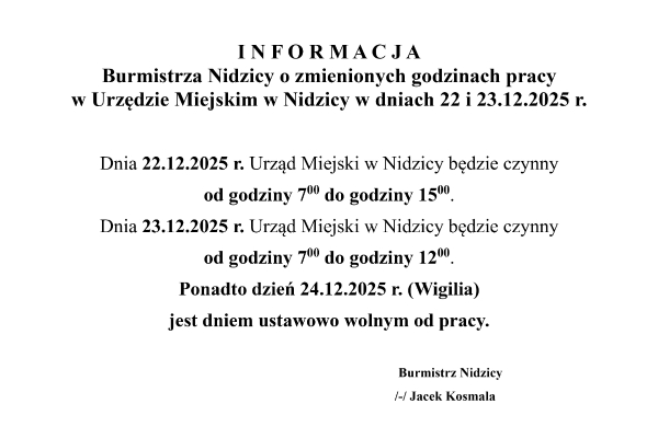 Informacja o skróconym czasie pracy w okresie świątecznym
