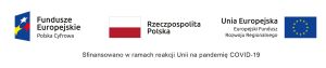 Logotypy: Fundusze Europejskie Polska Cyfrowa, Flaga Polski, Unia Europejska