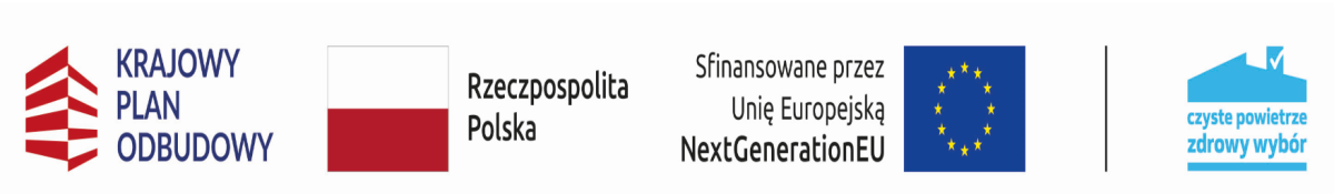 Logotypy: Krajowy Plan Odbudowy, Flaga Polski, NextGeneretionEU i Czyste Powietrze