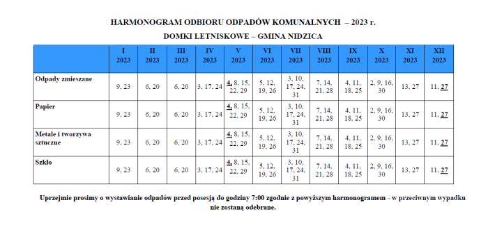 Harmonogram Odbioru Odpadów Komunalnych - 2023 r. Domki Letniskowe - Gmina Nidzica