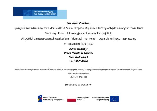 Punkt Informacyjny Funduszy Europejskich - Informacja dot. dyżuru konsultanta w UM w Nidzicy