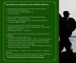 Treść komunikatu dot. Kwalifikacji Wojskowej 2024 na zielonym tle, z prawej strony grafika przedstawiająca żołnierza