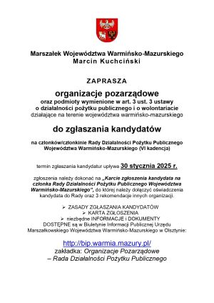 Zaprosznie Marszałka Województwa Warmińsko-Mazurskiego MarcIn Kuchciński do wyborów do Rady Działalności Pożytku...