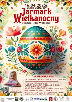 Jarmark Wielkanocny 2025 - plakat, na środku kolorowa pisanka
