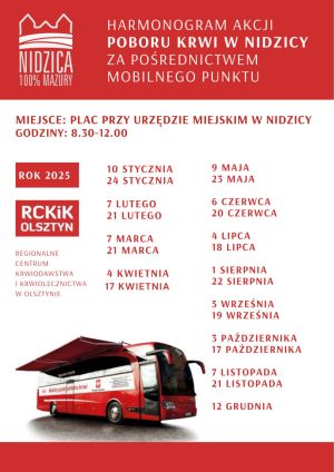 harmonogram akcji poboru krwi w Nidzicy - 2025 - plakat