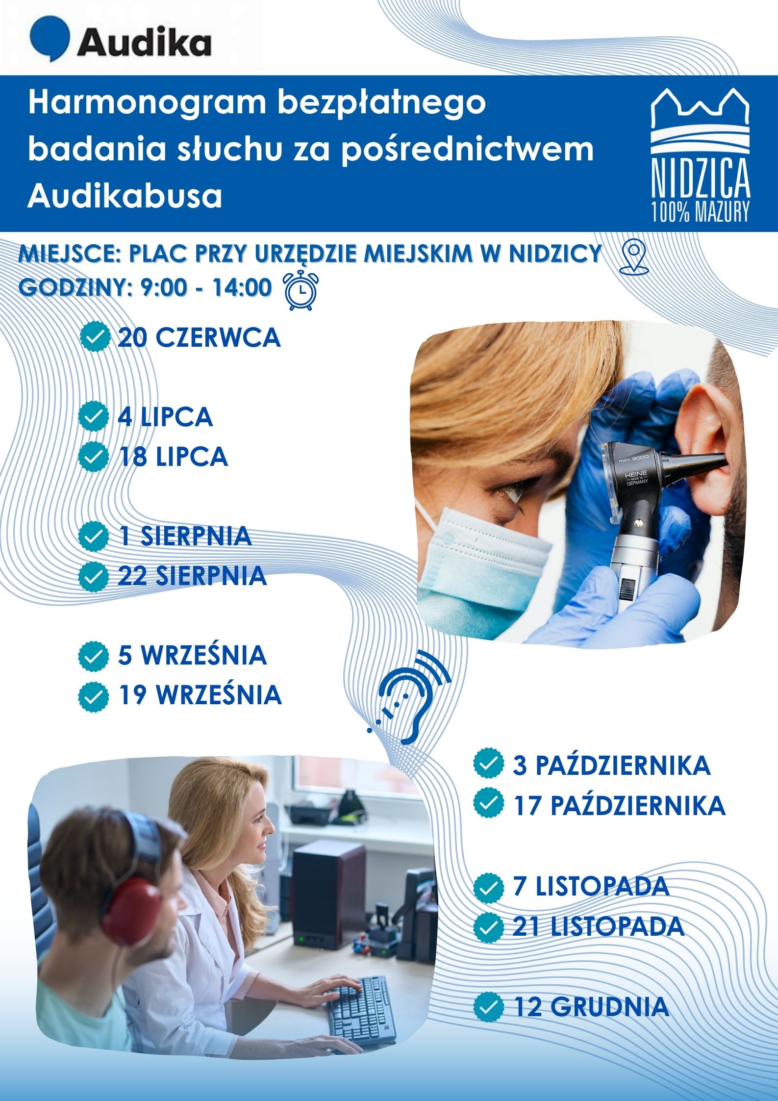 Harmonogram bezpłatnego badania słuchu za pośrednictwem Audikabusa 2025 r - plakat