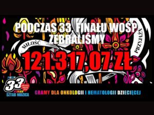 WOŚP grafika podsumowująca zbiórkę z napisem -podczas 33 finału wośp zebraliśmy 121317,07 zł