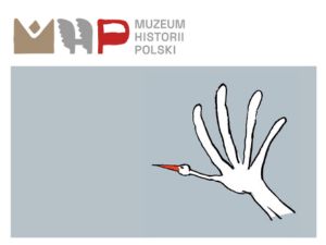 Logo Muzeum Historii Polski wraz z rysunkiem lecącego bociana na szarym tle